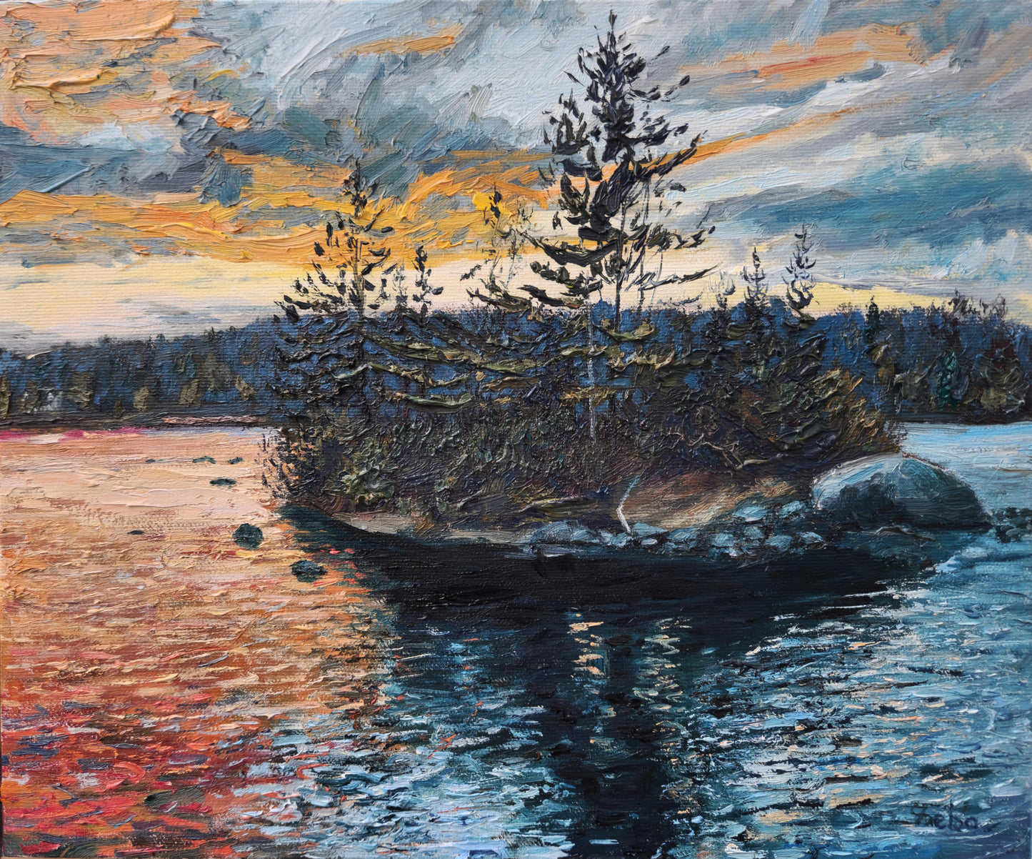Coucher de soleil à travers la rivière